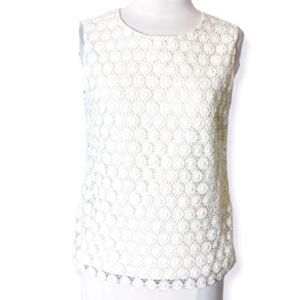 Blue Les‎ Copains embroidered floral appliqué front poplin top white sz 40